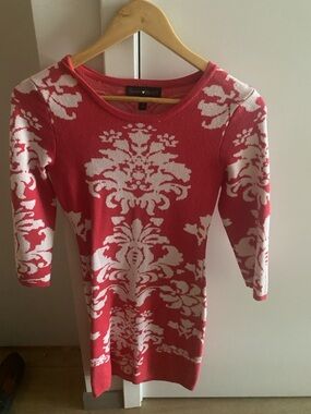 Derek Heart Hot Pink and White Knit Dress with Damask Motif